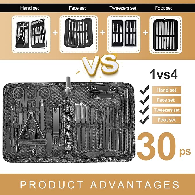 Manicure Set 30 in 1 Nail Clipper Set,RedFlow Nail Clippers,Fingernail & Toenail Clippers,Manicure Tools,Pedicure Tools,Suitable for Travel Manicure Kit (A-Black)