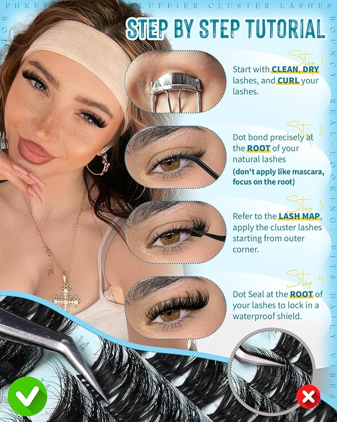 PHKERATA Fluffy Lash Clusters Kit Wispy DIY Eyelash Clusters for Volume, C Curl Cluster Eyelash Extensions Kit with Bond and Seal, at Home Lash Extension Kit, 10-16mm (No Tweezers)
