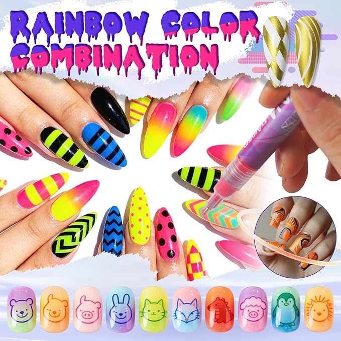 12 Color Nail Art Pens, Neon Nail Markers Set 0.5 MM Fine Tip Nail Polish Pens Drawing Painting Point Liner Painted Pen Kit, Waterproof DIY Nails Art Design Manicure Tools