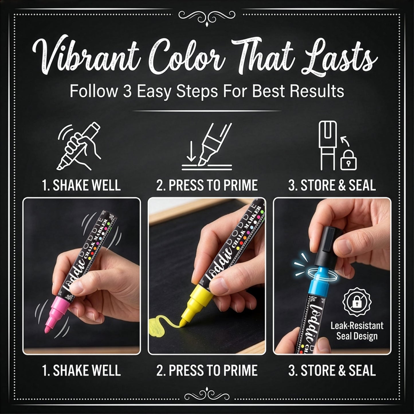 Loddie Doddie Chalk Markers - Pack of 24, 6mm Reversible Tips - Liquid Chalk Pens for Glass Surfaces & Windows - Erasable Pens for Chalkboard Calendar - Non-Toxic Chalkboard Markers