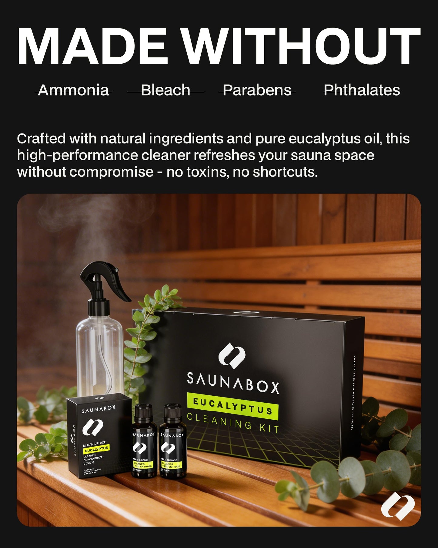 SAUNABOX All-Natural Sauna Cleaning Kit | Eco-Friendly Eucalyptus Multi-Surface Cleaner Concentrate – Chemical-Free & Biodegradable | Safe for Sauna Tents, Benches & Mats (2x1 FL.OZ./30mL)