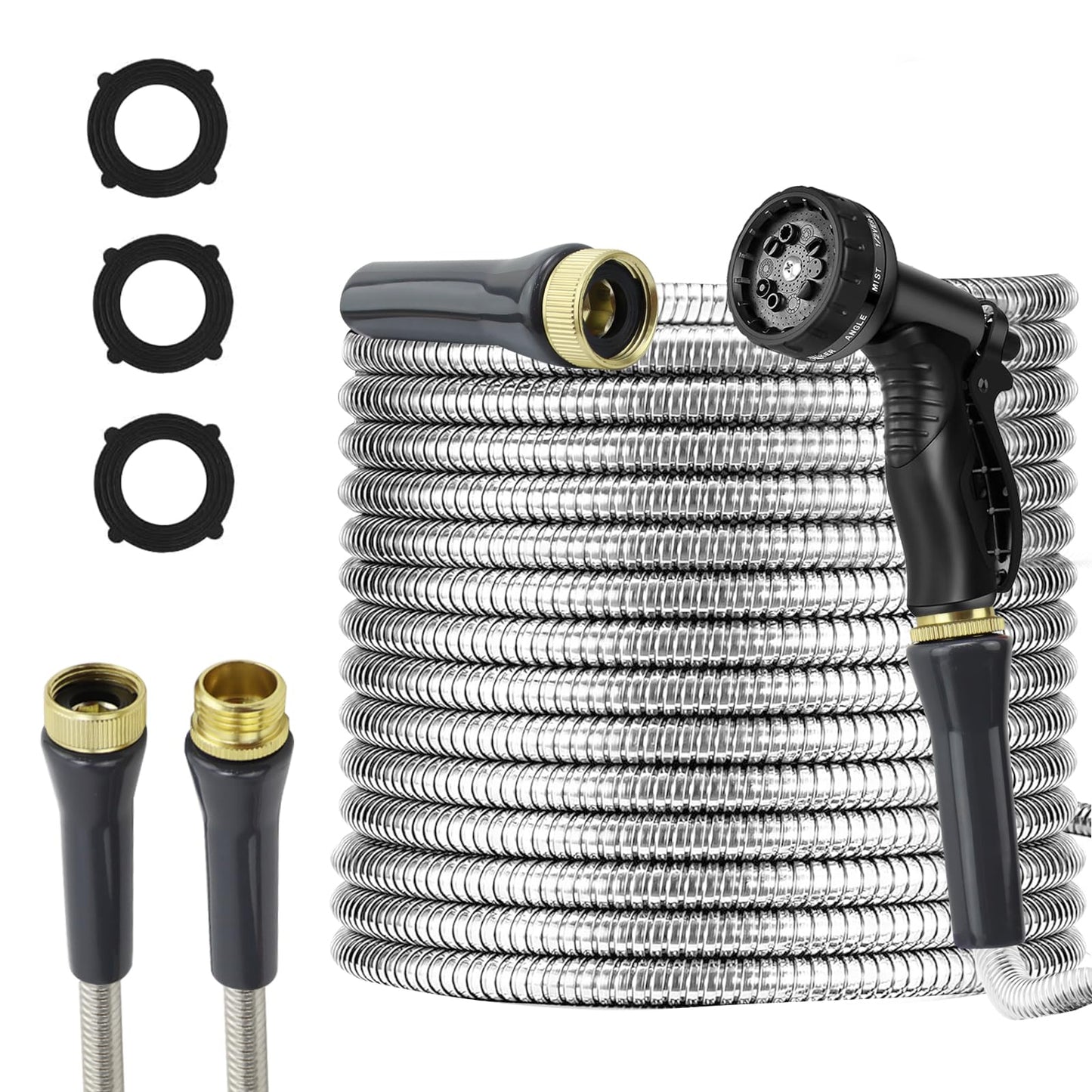 AnyEasy Stainless Steel Garden Hose 75ft Heavy Duty Metal Water Hoses with 10 Function Water Hose Nozzles for Yard Outdoor