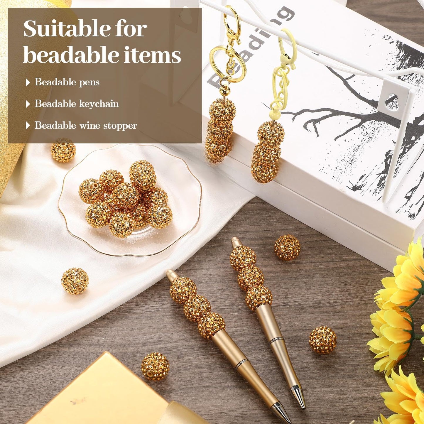 Loetere 40 Pcs 20 mm Rhinestone Beads Bulk Crystal Round Disco Ball Chunky Bubblegum Beads for Pens Bracelets Charms Craft European Style Jewelry Making Supplies Christmas(Gold)
