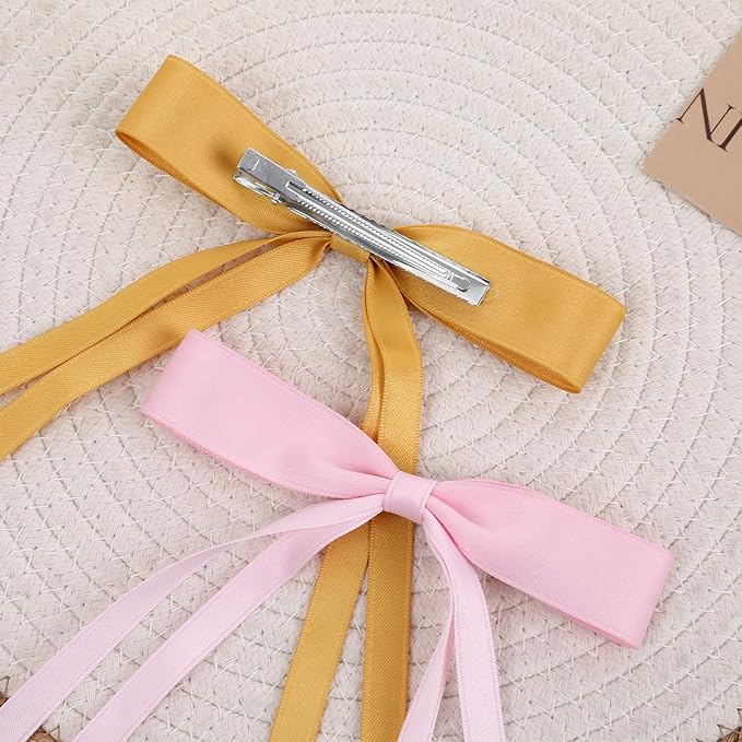 Hair Bows Clips Coquette Ribbon Bowknot with Long Tail Princess Hair Bows French Barrettes Hair Accessories for Women Girls 16PCS (Pink, Yellow, Cream, Aquamarine)