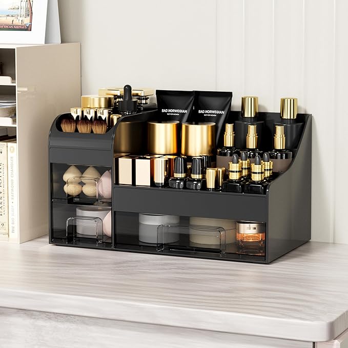 Makeup Organizer with Drawers,Large Cosmetic Storage Box,Countertop Skincare Organizer,ABS Makeup Brush Holder for Bathroom,Desk,Dresser,Multifunctional Beauty Display Case,Black transparent