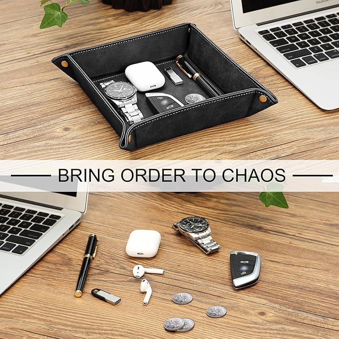 SITHON Valet Tray Desktop Storage Organizer Ã¢ÂÂ Premium PU Leather Catchall Bedside Vanity Tray Nightstand Caddy Holder for Keys, Phone, Wallet, Coin, Jewelry, Valentine's Day Gift, Black