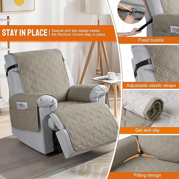 VANSOFY 100% Waterproof Recliner Chair Covers, Recliner Cover Non-Slip Dog Chair Cover Furniture Protector Washable Slipcover with Pocket, Elastic Straps for Pets, Dogs(Khaki, 28")