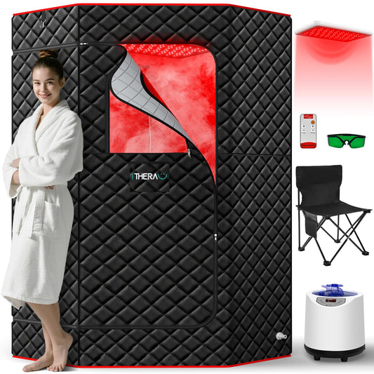 I-THERA-U XL Infrared Sauna Box with True 660 & 850nm Red Light Therapy Lamp, Portable Red Light Sauna for Home, Full Body Steam Tent with 3L 1200w Steamer, 15 Levels Heat, Chair, Remote