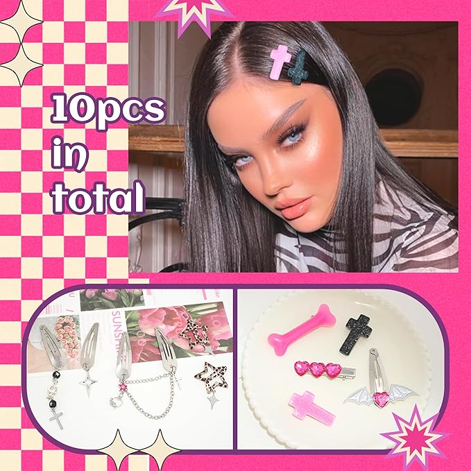 10PCS Y2K Hair Clips Hot Pink Cute Hair Snap Clips Punk Cross Alligator Clip Kawaii Leopard Star Accessories for Women Girls