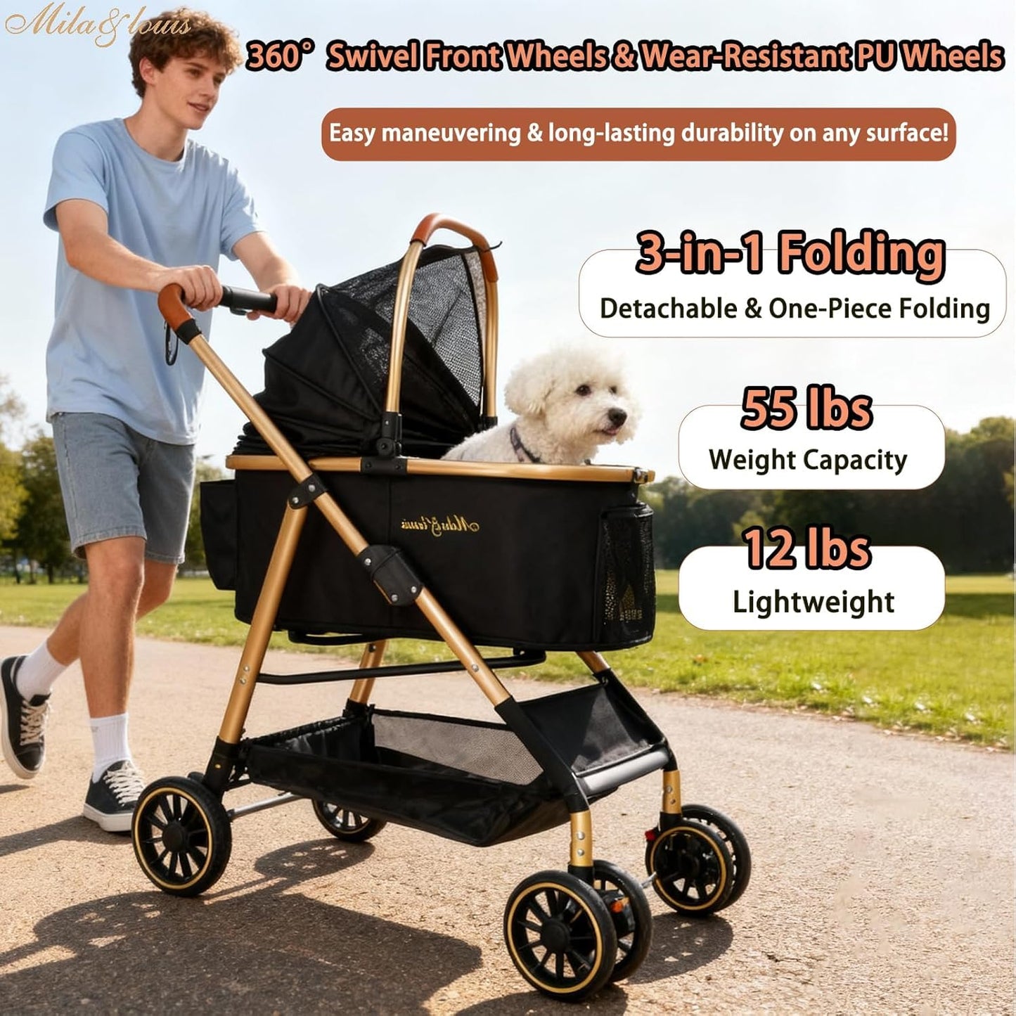 MILA&LOUIS Dog Stroller, 24" Pet Cradle, Lightweight & Stylish Pet Stroller for Small and Medium Pets, 33 Lbs Capacity with Cup Holder, Hook, Detachable Aluminum Cradle (Black)