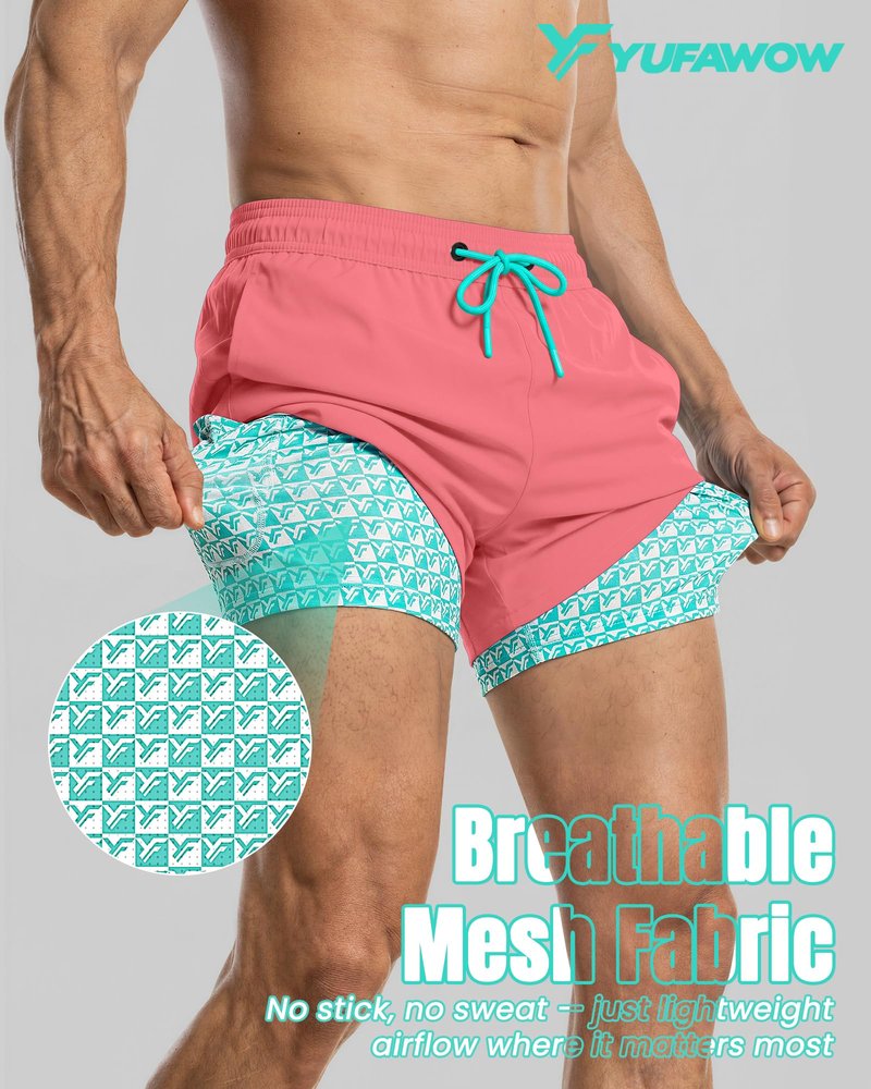 7 Inch 7in Men Swim Trunks mid-thigh Compression Liner Quick Dry Drawstring Male Swimwear Swimsuit Swimtrunks Boardshorts Bathing Suit Fair Beach Water Shorts Zipper Mesh Pocket Inseam Harbor Pink