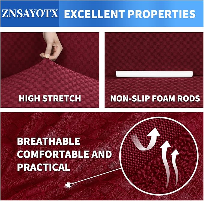 ZNSAYOTX 1 Piece Jacquard Couch Covers for 3 Cushion Couch High Stretch Sofa Cover for Pets Dogs Anti Slip Extra Large Sofa Slipcovers Furniture Protector (XL Sofa, Wine Red)