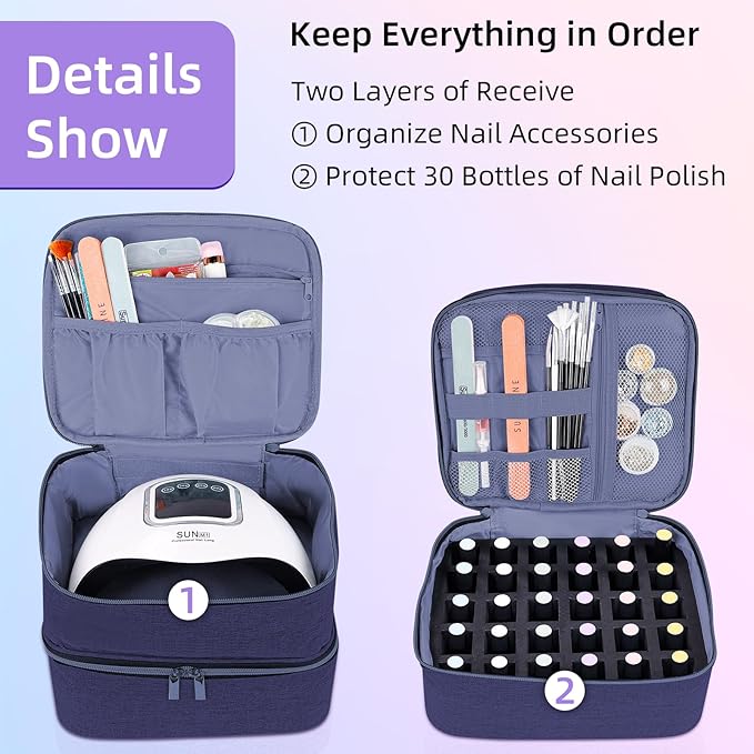 Nail Polish Organizer Holds 30 Bottles (15ml - 0.5 fl.oz) Double-layer Gel Nail Polish Kit Case, Nail Holder for Nail Lamp, Portable Nail Organizer and Storage for Nail Supplies (Blue)