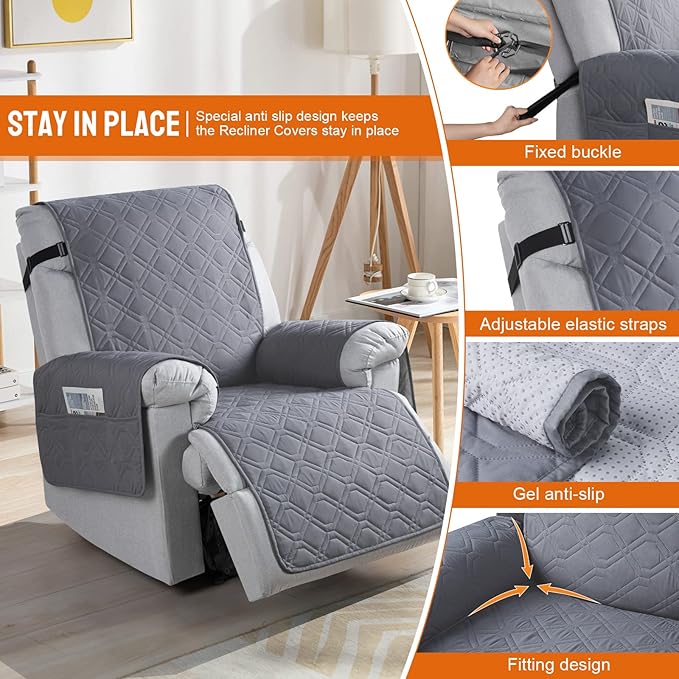 VANSOFY 100% Waterproof Recliner Chair Covers, Recliner Cover Non-Slip Dog Chair Cover Furniture Protector Washable Slipcover with Pocket, Elastic Straps for Pets, Dogs(Dark Gray, 23.6")