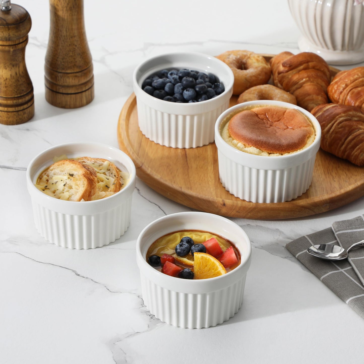 MALACASA Ramekins 10 oz Oven Safe, Porcelain Creme Brulee Ramekins Pudding Custard Cups Large Ceramic Souffle Dishes Ramakan Ramiken Ramicans Baking Bowls Set of 6, White, Series RAMEKIN-DISH