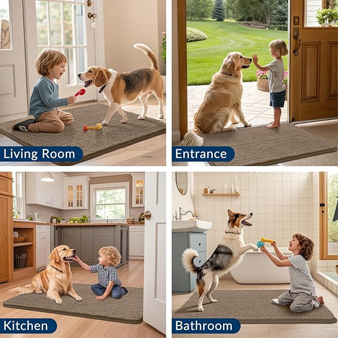 Smiry Dog Door Mat for Muddy Paws 47x32, Absorbs Moisture and Dirt Doormat, Non-Slip Washable Quick Dry Chenille Front Door Mat Indoor Entrance, Entryway Carpet for Inside Floor, Camel