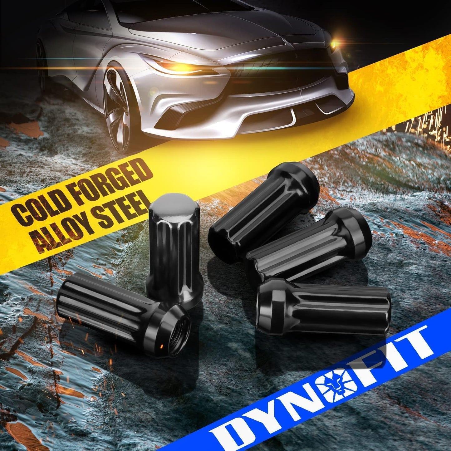Dynofit 14x1.5 Spline Lug Nuts Compatible with Chevy Silverado 1500 GMC Sierra Ford,Aftermarket Wheel Lug Nuts Set for F150 2015-2024, 24PCS Black Truck Nuts Sets Include 1 Socket Key for Fuel Wheel