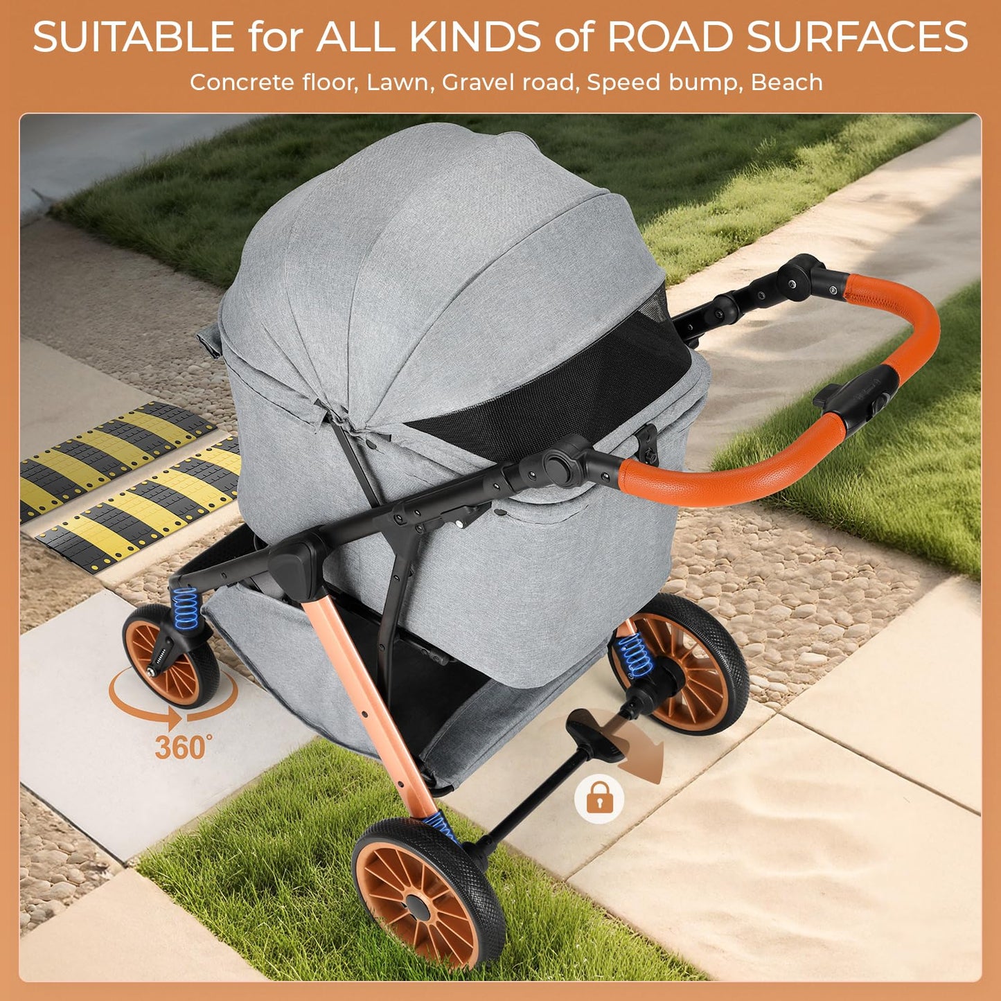 MAMIZO Foldable Dog Stroller for Medium Dogs Cats Up to 33 Lbs, Adjustable Height Handle, Pet Stroller with Aluminum and Carbon Steel Frame, Sun Shades, Storage Basket & Shock Absorbers, All-Terrain