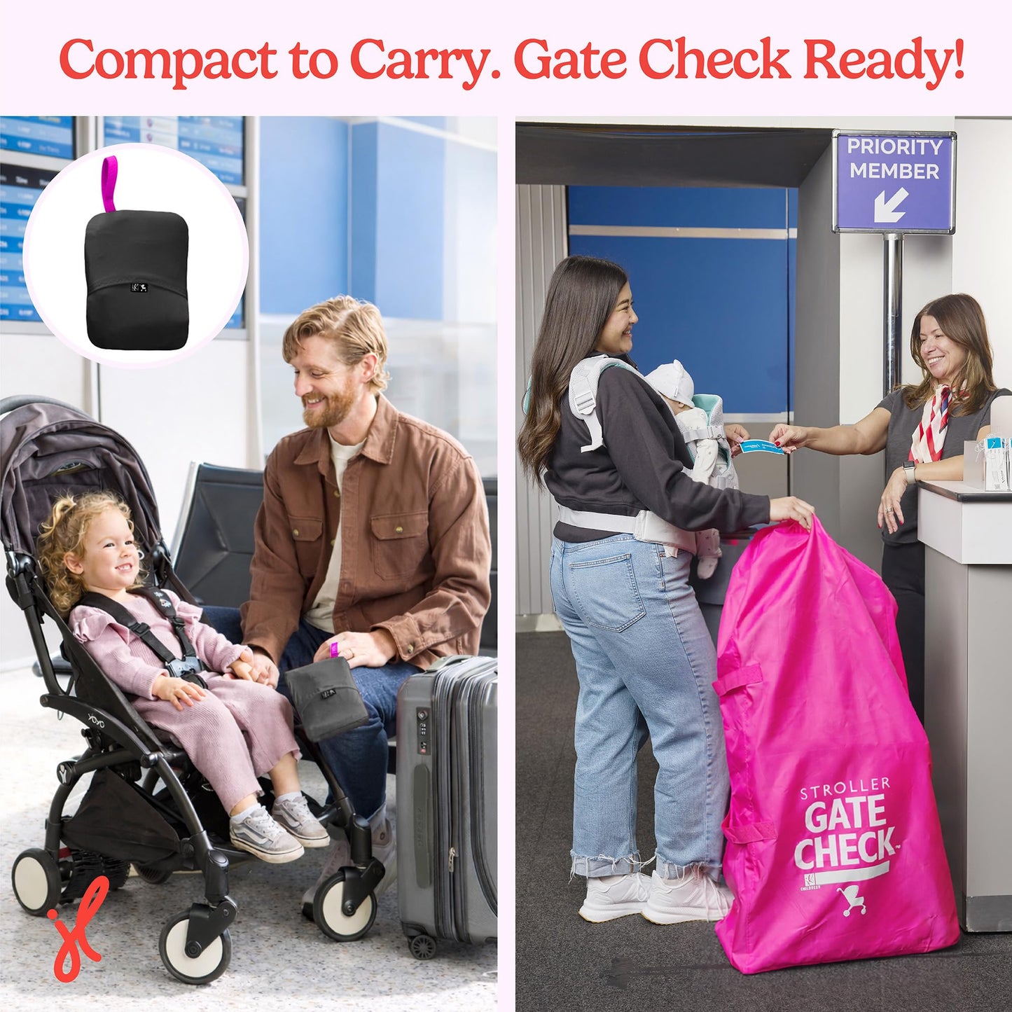 J.L. Childress Gate Check Bag for Single & Some Double Strollers - Travel Bag for Airplane, Fits Most Standard Baby Strollers, Airport Accessories Gate Check, Flying Essentials - Neon Pink