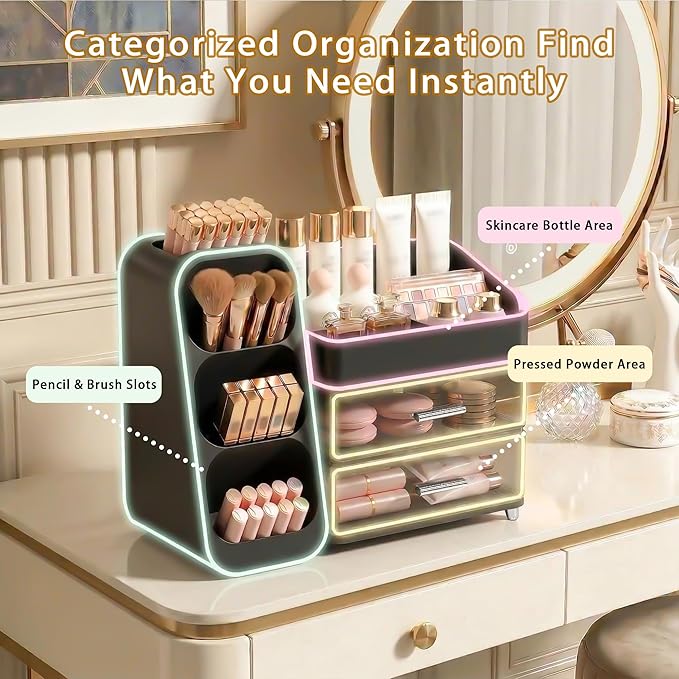 Large Capacity Makeup Organizer Countertop with Makeup Brush Holder for Vanity, Thickened Material, Bathroom Countertop Organizer Skin Care Perfumes Storage, Teen Girl Gifts for 12-23 YearÃ¯Â¼ÂblackÃ¯Â¼Â