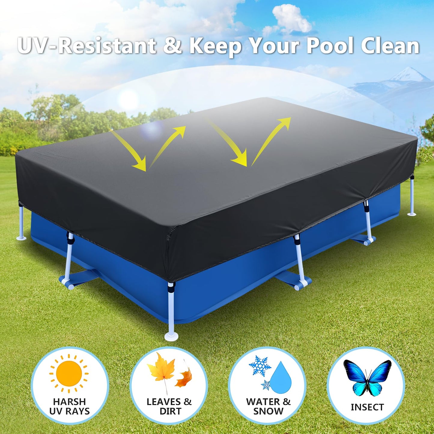 87x59 in Rectangle Pool Cover 7ft Drawstring Design 7 x 4 Rectangular Pool Cover Frame Swimming Pool Cover Oxford for Rectangular Above Ground Pool Easy Installation Cloth Heater Material