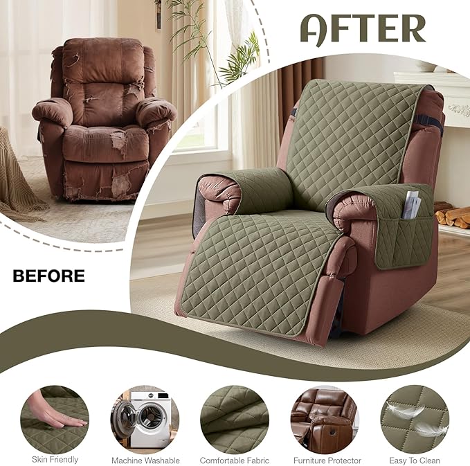 KinCam 100% Waterproof Recliner Chair Cover, Reclining Couch Covers for Pets, Dogs, Recliner Couch Slipcover Furniture Protector with Elastic Straps for Kids(23.6", Gray Green)
