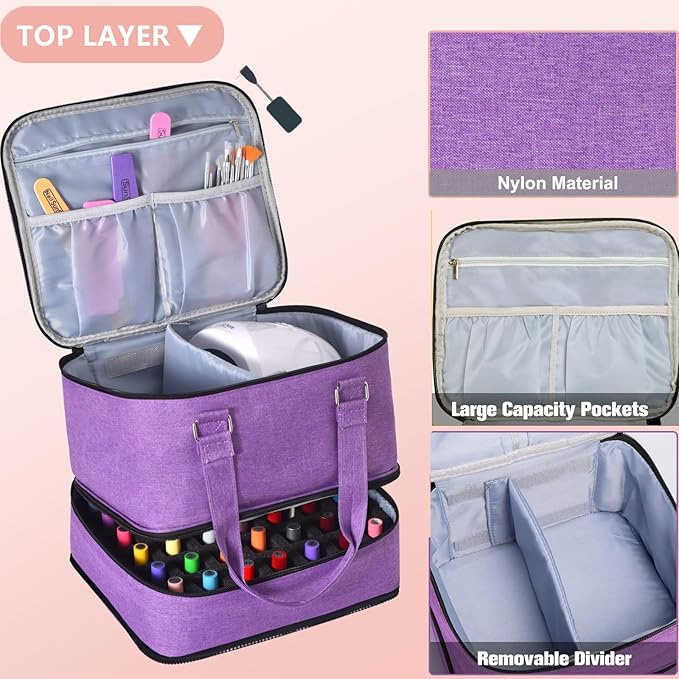 Large Nail Polish Organizer Case Hold 84+ Bottles Nail Polish & Nail Lamp, 3 Layers Nail Organizers and Storage for Nail Tech with Divider, Travel Carrying Case(Purple)