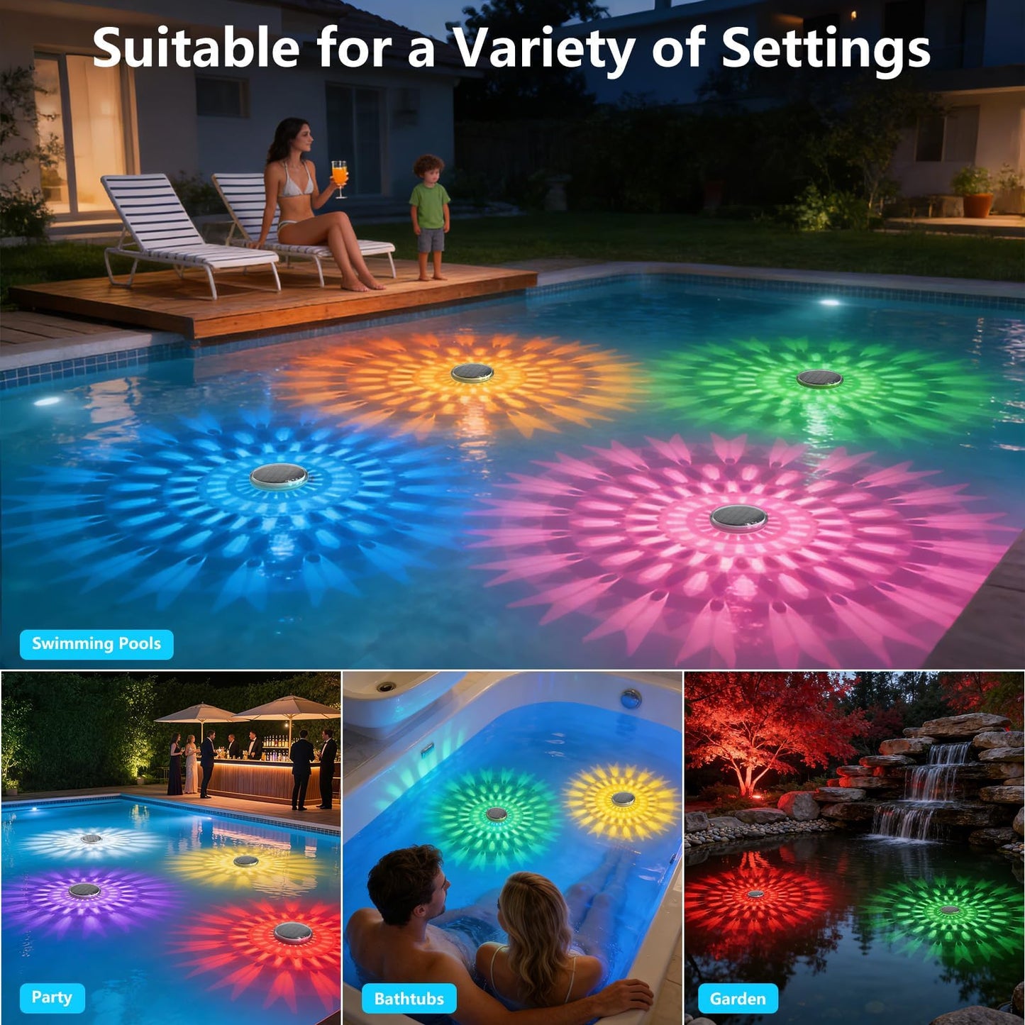 Solar Powered Floating Pool Lights(4 Pack), Pool Lights That Float with Remote Control, 12 Lighting, Timing Mode, IP67 Waterproof for Inground/Above Ground Pool, Pool Party, Bathroom, Bathtub, Garden