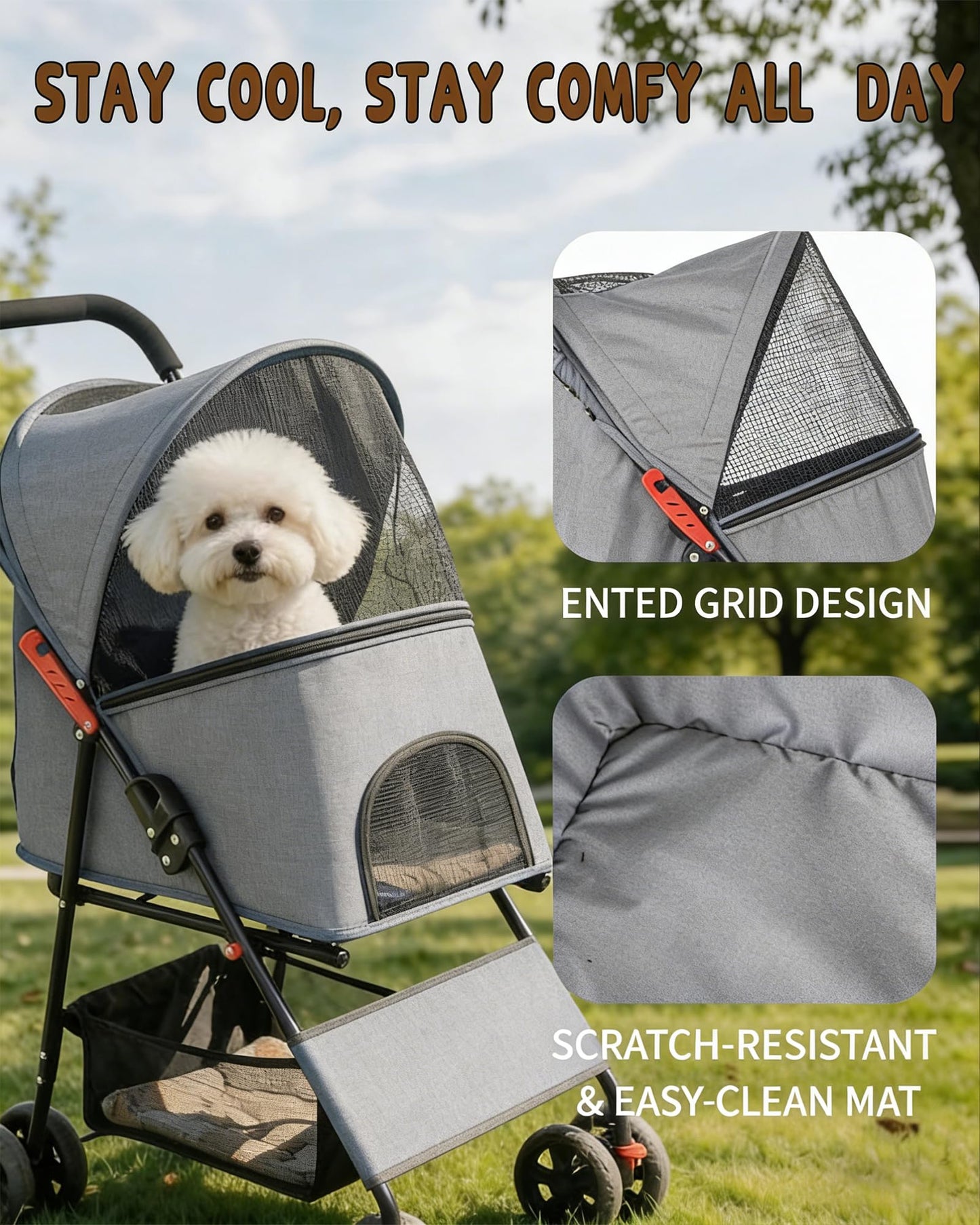 Pet Stroller for Small Medium Dogs Cats - Lightweight 10lbs Foldable Dog Stroller, Breathable Mesh & Safety Tether, 33lbs Capacity with Locking Wheels, Storage Basket for Outdoor Walks-Gray