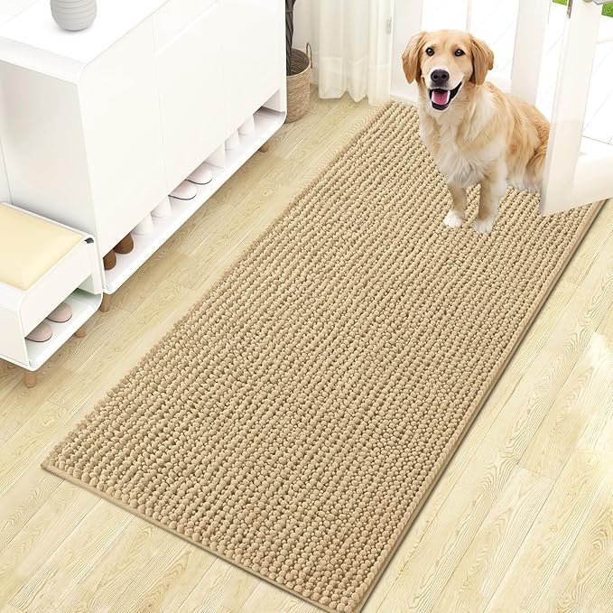 OLANLY Dog Door Mat for Muddy Paws 47x24, Ultra Absorbent Chenille Mud Doormat, Non-Slip Washable and Dirt Trapping Doormat for Indoor Entryway, Quick-Dry Indoor Pet Bed Mats for Dogs, Beige