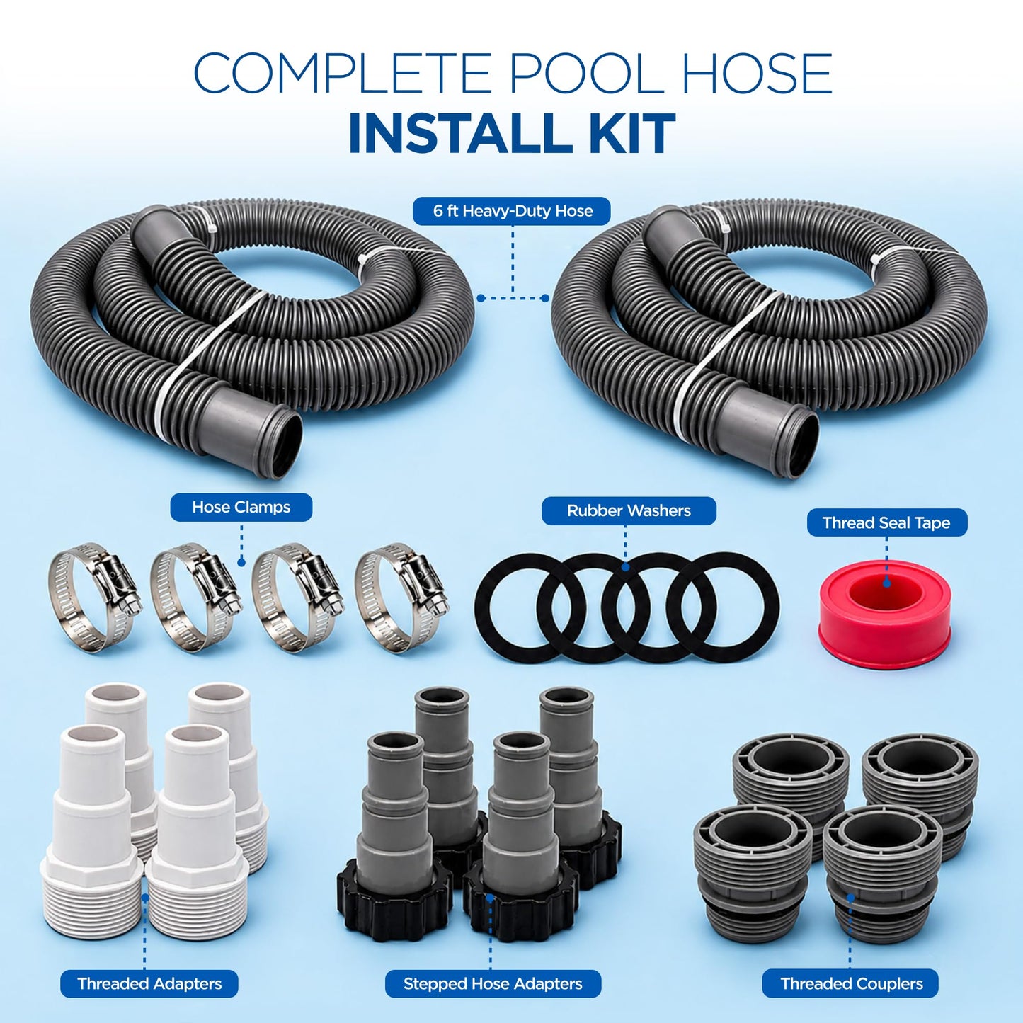 FibroPool Universal Pool Hose Install Kit - Fits 1.5 in Connections - 6 ft - Plastic & Alloy Steel