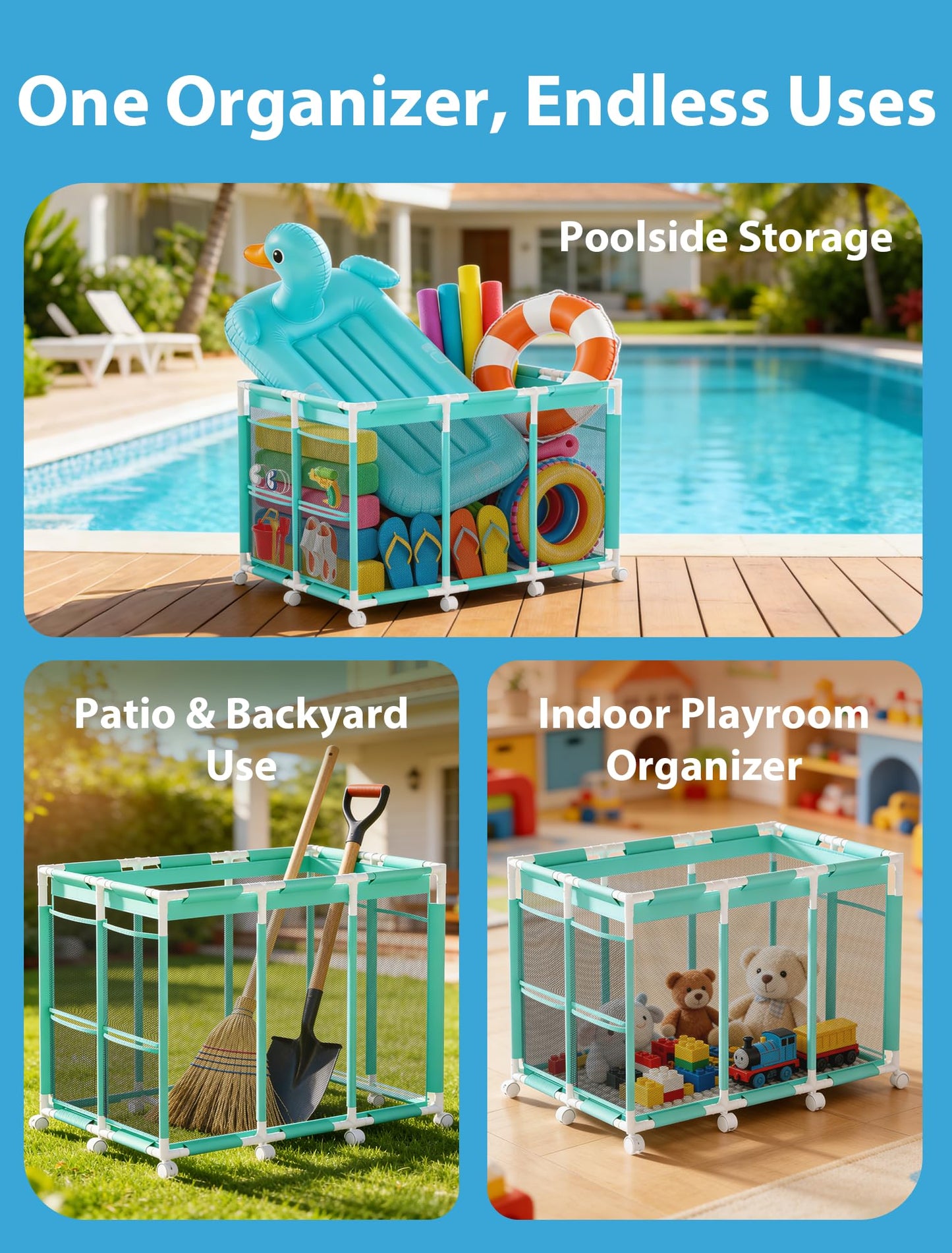 Kompoll Pool Storage Bin, XXL Large Rolling Mesh Pool Float Storage with 10 Upgraded Wheels, Outdoor Pool Toy Organizer Basket for Noodles, Floats, Goggles & Swimming Accessories, Cyan