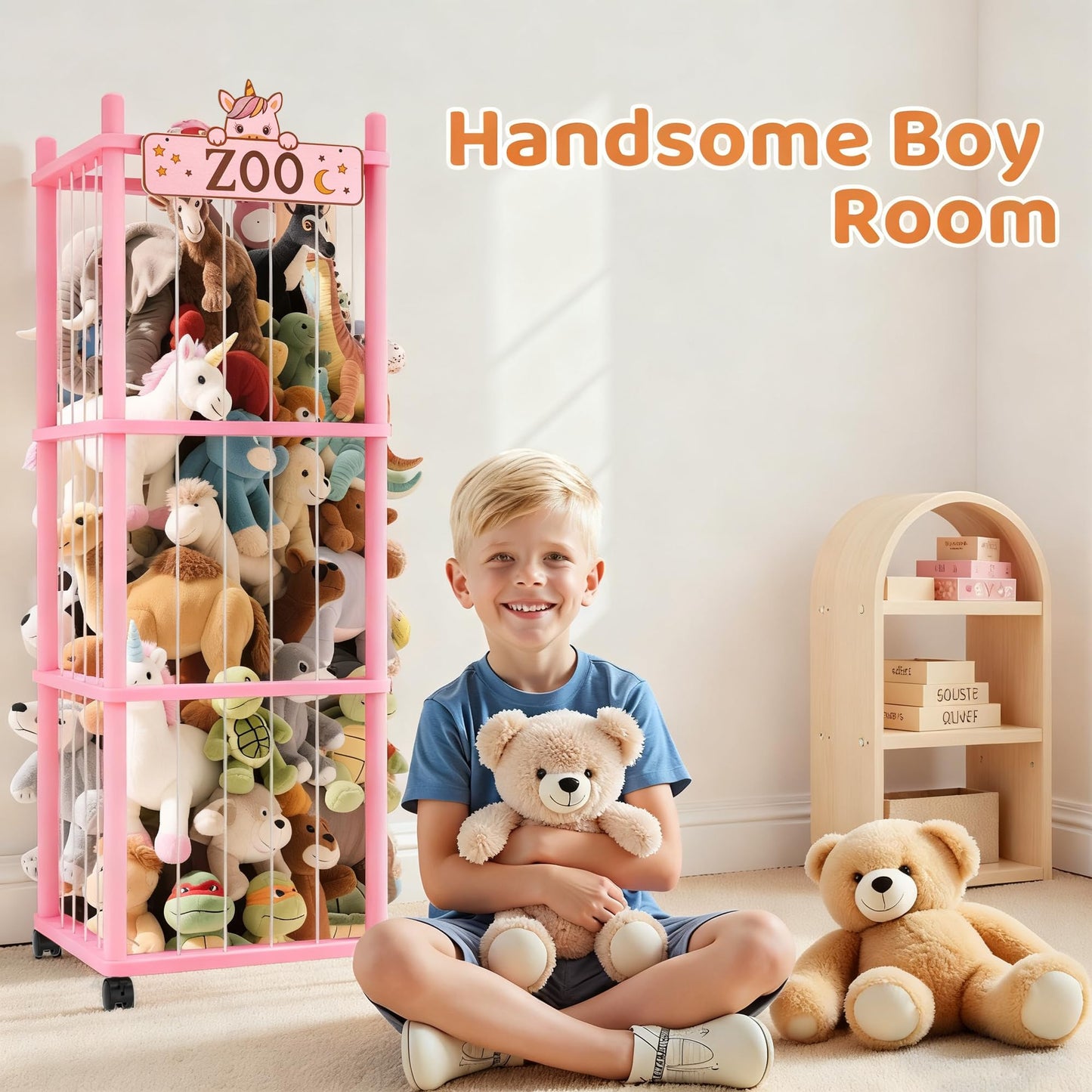 Vecxoty Stuffed Animal Storage Zoo Tower,56In Wooden Large Stuffed Animal Holder Organizer with Wheels,Stuffy Plushies Storage with Elastic Band&Mesh Bottom,Toy Organizers for Playroom Nursery（Pink）