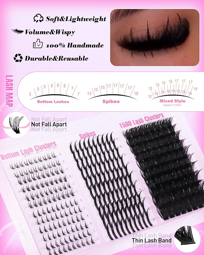 Wispy Lash Clusters with Spikes Volume Eyelash Clusters with 2 Bottom Lashes 150D D Curly Lashes Clusters 300PCS Mink Cluster Eyelash Extensions Spiky Individual Lashes with Bottom Lash Clusters