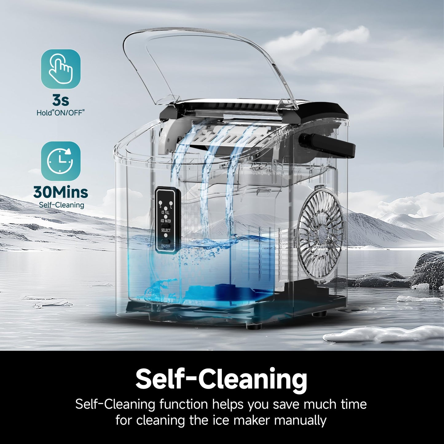 EUHOMY Ice Maker Countertop with Carry Handle, 9 Cubes Ready in 6 Mins, 26.5lbs/24H, Self-Cleaning, 2 Sizes of Bullet Ice with Basket and Scoop, Portable Ice Maker Machine for Home, Kitchen, Office