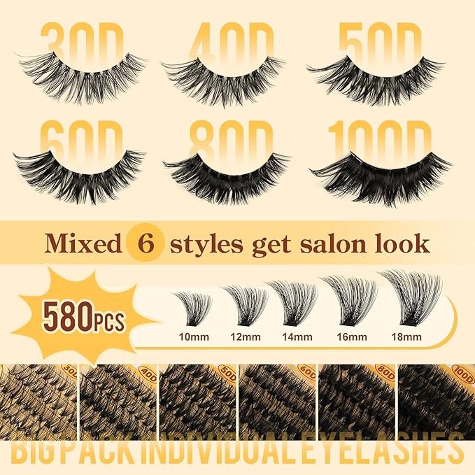 QUEWEL 580PCS Lash Clusters Kit 30D+40D+50D+60D+80D+100D Lashes Clusters Kit 10-18mm Cluster Lashes Individual Eyelash Clusters Reusable for Natural DIY Cluster Eyelash Extensions for Beginners