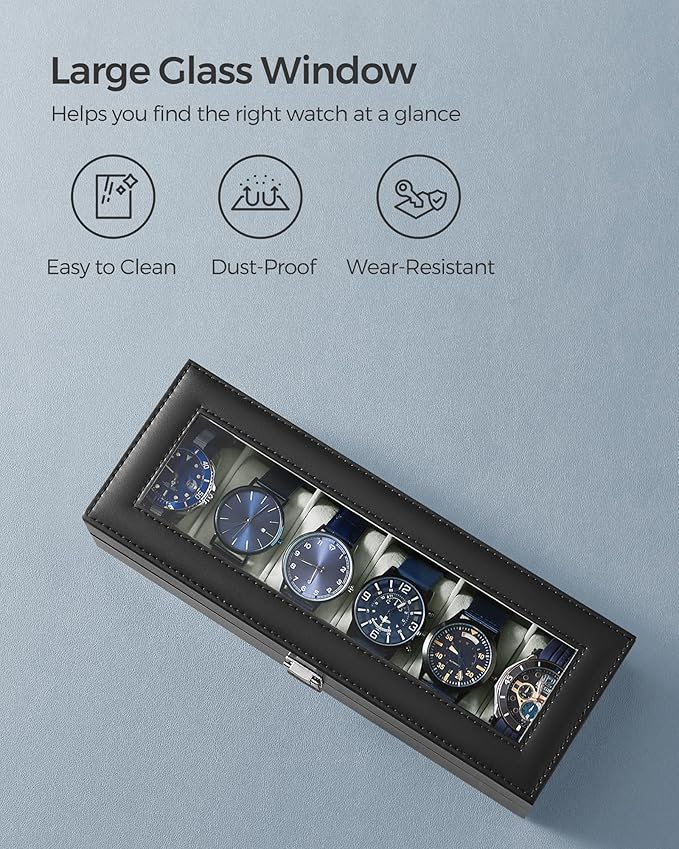 SONGMICS Watch Box, 6-Slot Watch Case Organizer with Large Glass Lid, Removable Pillows, Gift for Loved Ones, Black Synthetic Leather, Greenish Gray Lining UJWB06BK