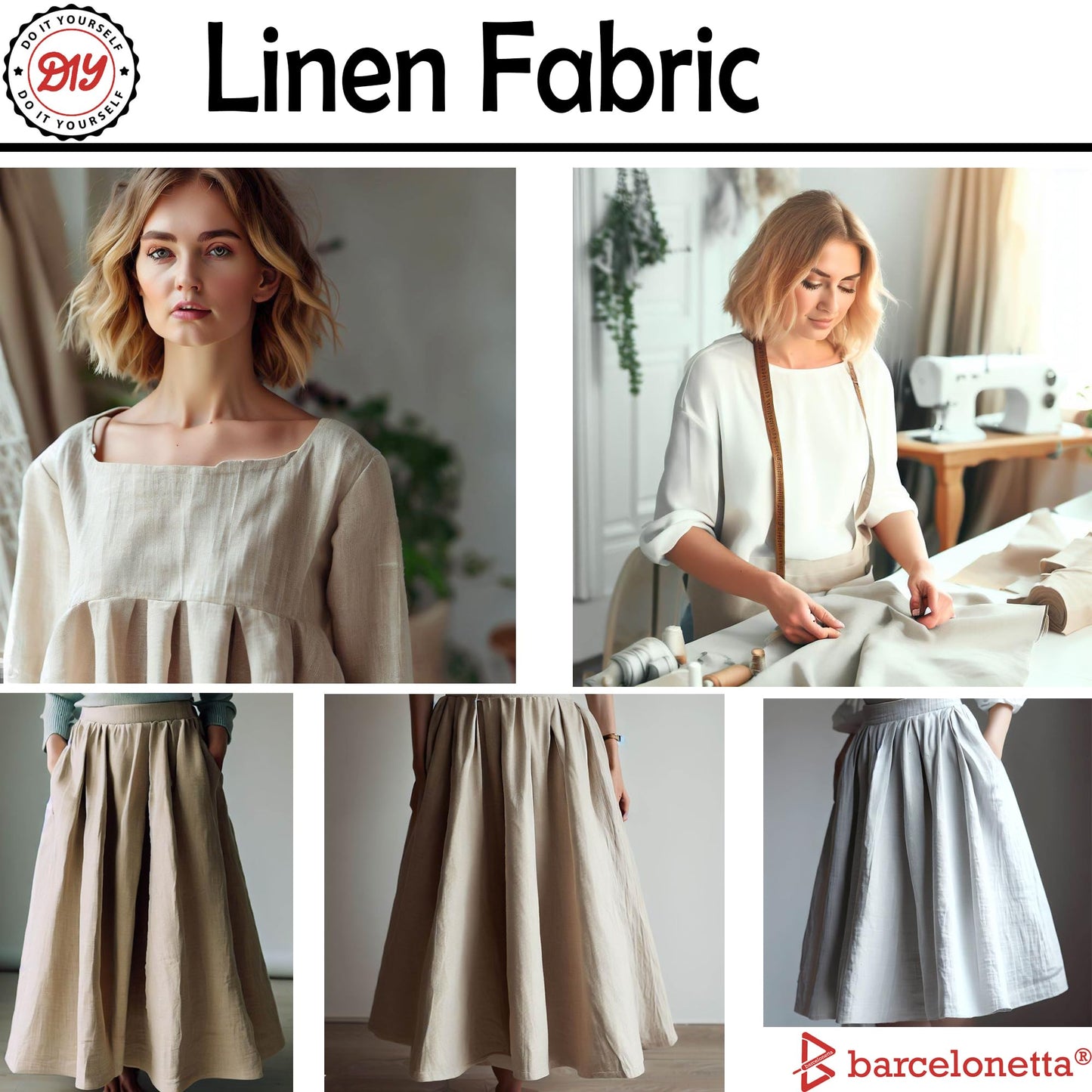 Barcelonetta | Linen Fabric | Natural Linen Cloth | Embroidery, Sewing | Soft, Breathable | 55" Wide | 70% Linen, 30% Rayon | Hemp, Jute, Needlework, Lining (Natural, 2 Yard)