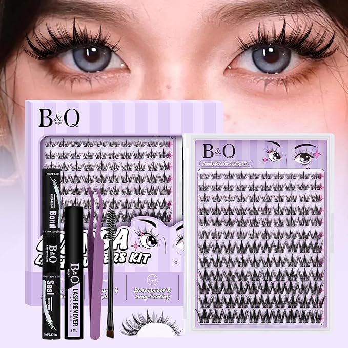 B&Q Manga Lash Clusters Kit Anime Lashes 8-18mm Mixed 120pcs Eyelash Extension Kit Thick Curly Manga Style Feature Spike Eyelash Clusters Perfect Choice for Beginners at Home(KIT-Anime 04)