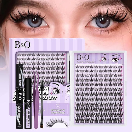 B&Q Manga Lash Clusters Kit Anime Lashes 8-18mm Mixed 120pcs Eyelash Extension Kit Thick Curly Manga Style Feature Spike Eyelash Clusters Perfect Choice for Beginners at Home(KIT-Anime 04)