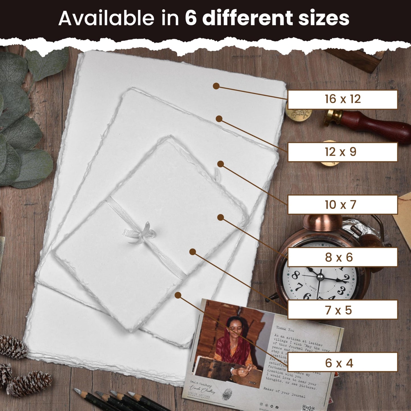 LEATHER VILLAGE Watercolor Paper - 12 X 16 inches, 50 Sheets - Mixed Media Watercolor Paper - 150 GSM Thick Deckle Edge Virgin Cotton Handmade Paper - Off White