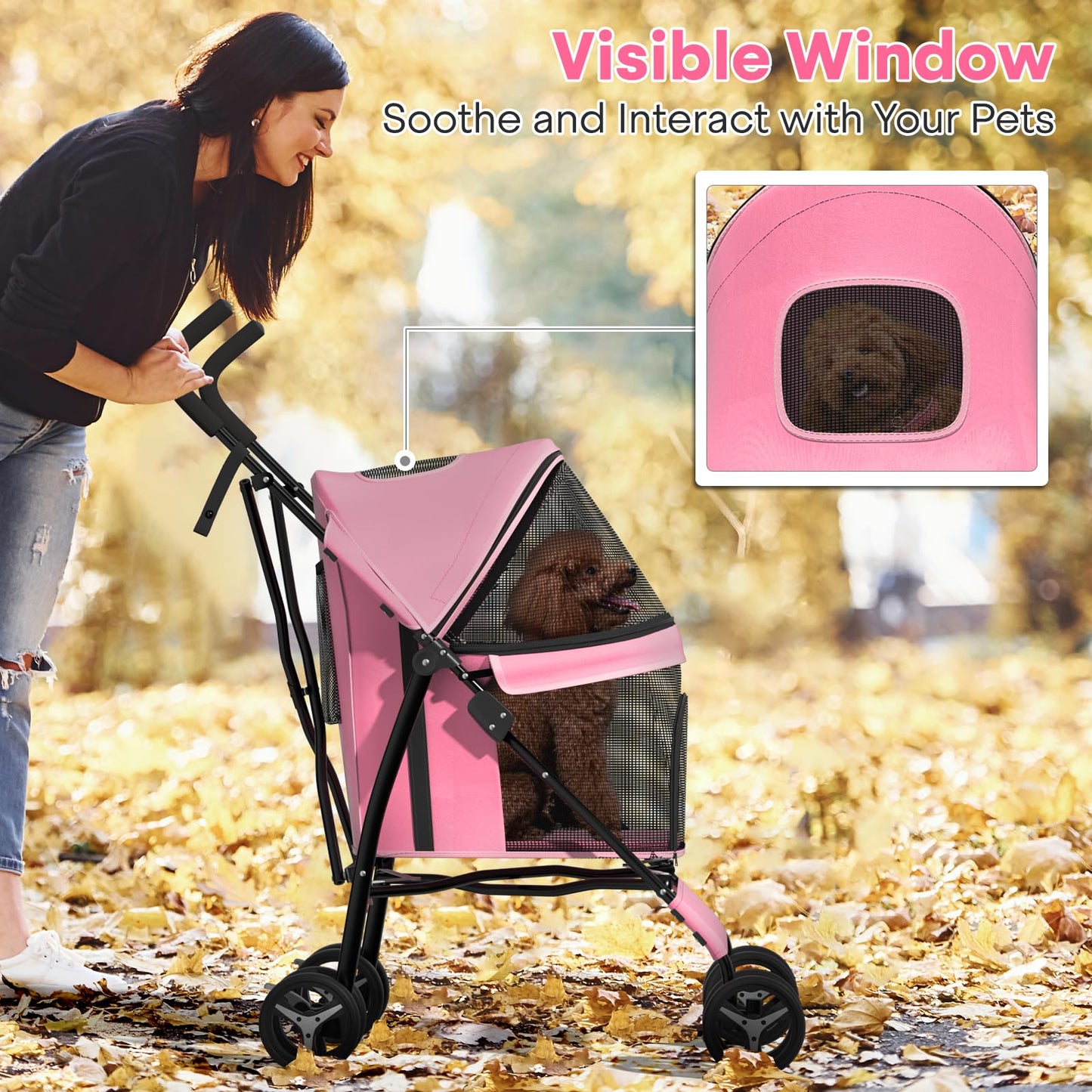 Dog Stroller for Small Dogs 10 lbs -22lbs Puppy Stroller Medium Dog Wagon Small Pet Stroller for Cats, Cat Strollers for 2 Cats, Rear Storage, Pink