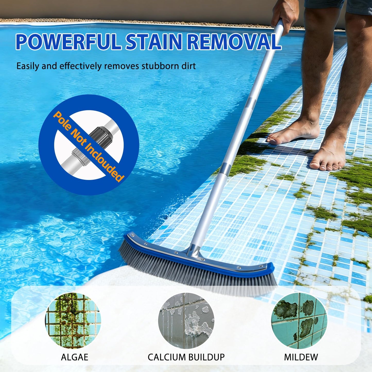 18" Wide Pool Brush Head - Combo Nylon & Stainless Steel Wire Bristles, Heavy Duty Metal Pool Brush for Extra Scrubbing Power, Curved Edge for Cleaning Inground Pool Tiles, Concrete, Walls, Corners