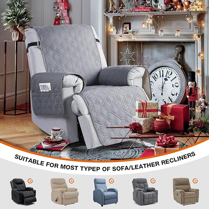 VANSOFY 100% Waterproof Recliner Chair Covers, Recliner Cover Non-Slip Dog Chair Cover Furniture Protector Washable Slipcover with Pocket, Elastic Straps for Pets, Dogs(Light Gray, 22")