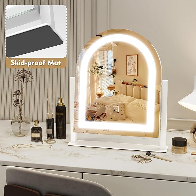 ROLOVE Lighted Makeup Mirror with 3-Color Dimmable Lighting, with Removable 10x Magnifier, Smart Touch Control, 360° Rotation, 15" x 13" Hollywood Vanity Mirror for Tabletop or Desk (White)
