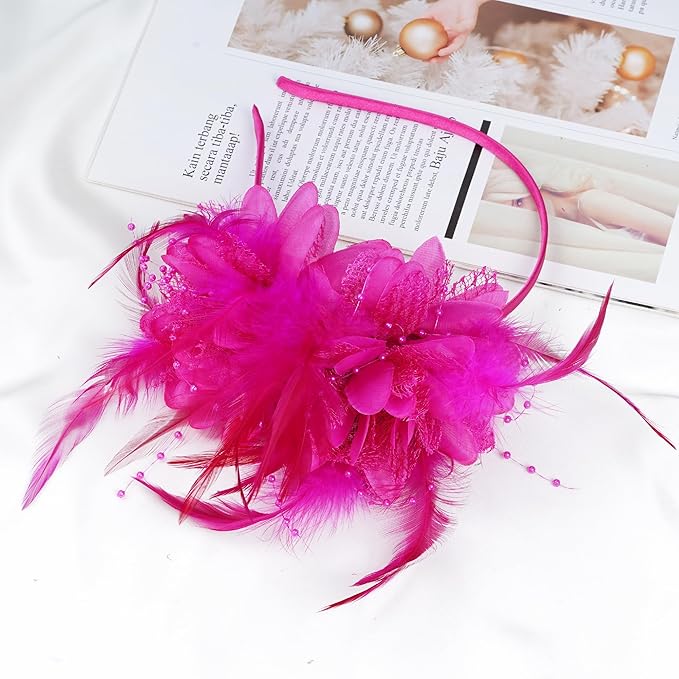 Womens Fascinators Hats Tea Party Hats for Women, Feather Pearl Veil Headband for Wedding Cocktail Dresses Accessories