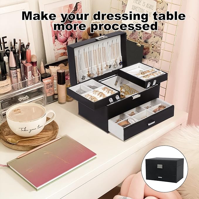 Dajasan Jewelry Organizer Box, Large Jewelry Boxes for Women Girls, Space-Saving 3 Layers Jewelry Storage Case with Drawer, Movable Metal Stand, Modern, Gift Idea (Black)