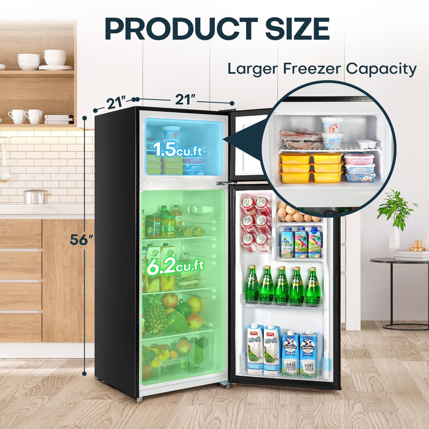 Upstreman 7.7 Cu.Ft. Refrigerator with Freezer, Double Door, Adjustable Thermostat, Large Capacity, Reversible Door Swing, Refrigerator for Apartment, Office, Dorm, Stainless (BD75)