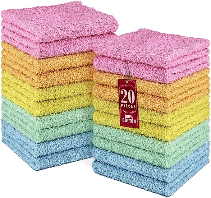 DecorRack 20 Pack 100% Cotton Wash Cloth, Luxurious Soft, 12 x 12 inch Ultra Absorbent, Machine Washable Washcloths, Assorted Colors (20 Pack)