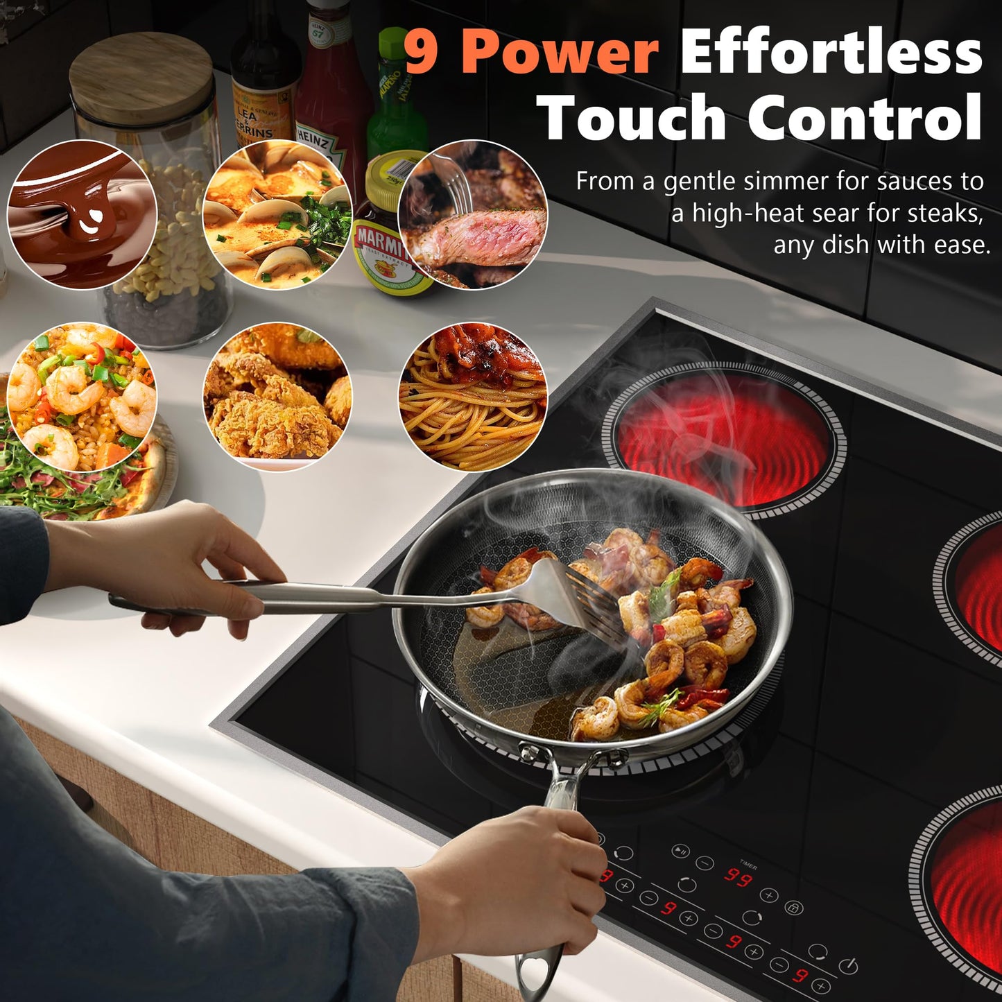 24 Inch Electric Cooktop 4 Burners, Pladeca 6600W Electric Stove Touch Control, 220-240V Built-in Radiant Stove Top with Safety Lock, Timer, Pause Control, Extended Zone, Hard Wire(No Plug)